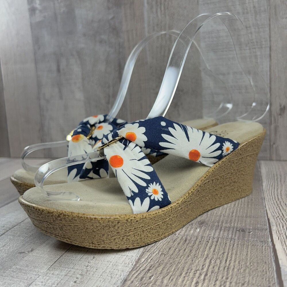 Island Slipper Hawaii Women's Wedge Sandals Floral Tropical Navy White Size 6